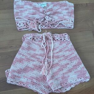Pink and White Crochet Top and Shorts Set